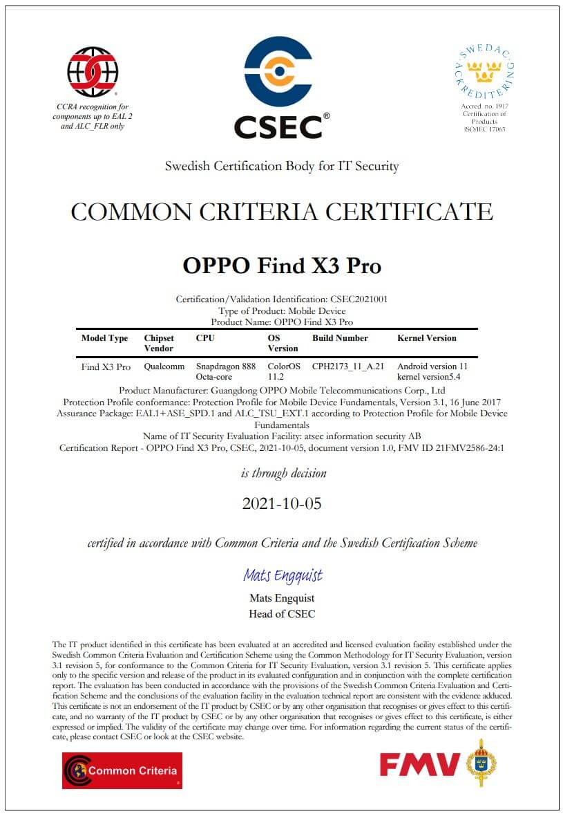OPPO Find X3 Pro recibe la certificación MDFPP Common Criteria