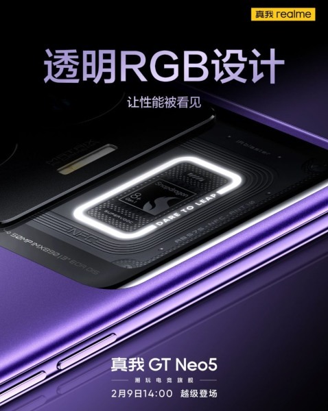 realme GT Neo5 en púrpura con diseño RGB transparente