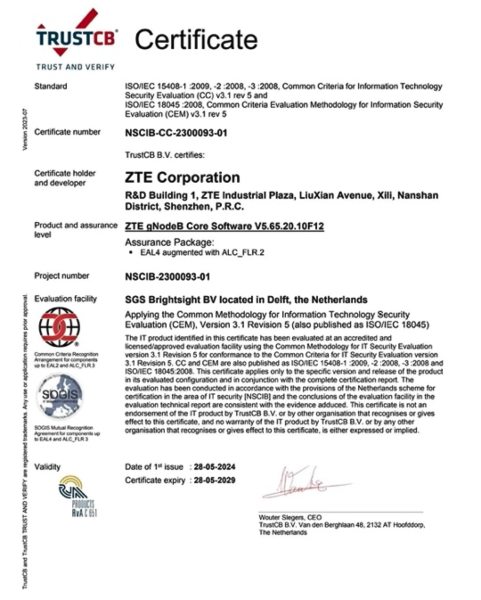 ZTE obtiene el certificado de seguridad CC EAL4+ para sus productos 5G RAN